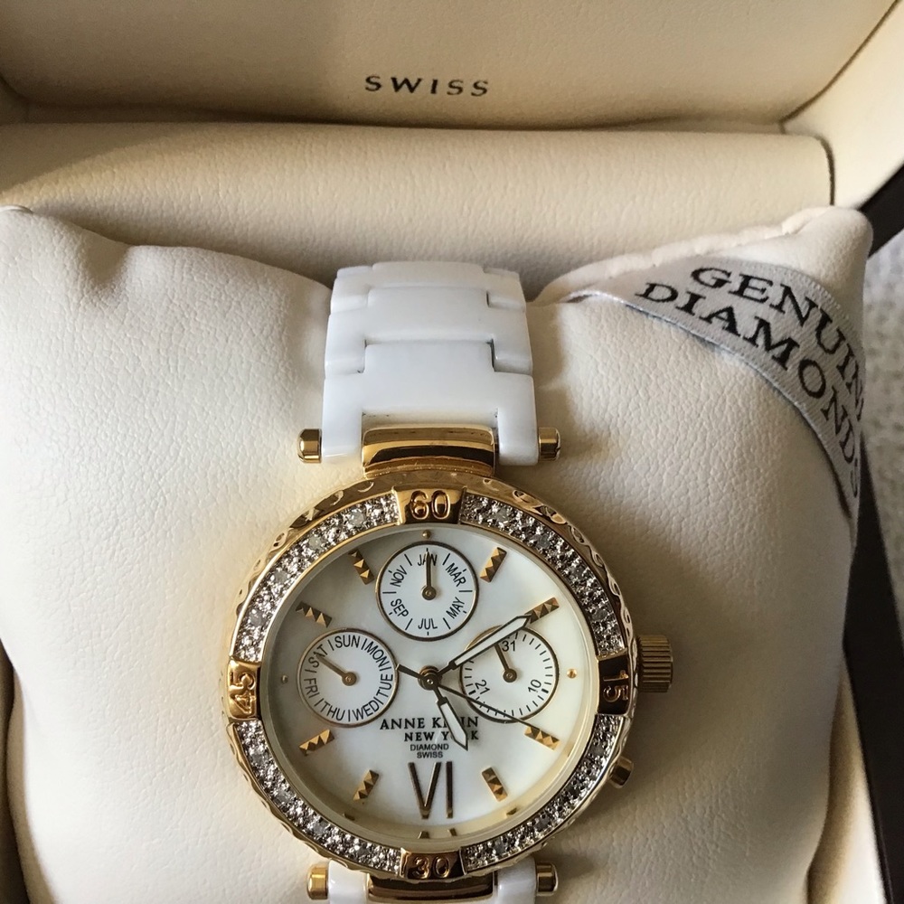 Anne Klein Swiss genuine diamond gold tone white ceramic mother of pearl watch - Picture 9 of 12